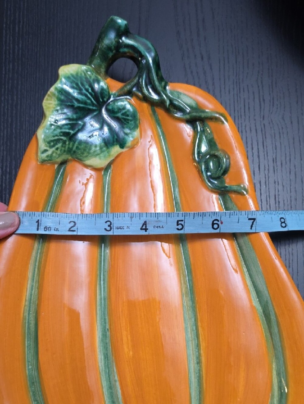 Festive Orange Ceramic Pumpkin Serving Platter with Green Accent - Picture 8 of 10
